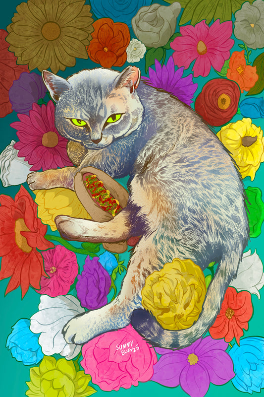 Cat Floral Hot Dog Print